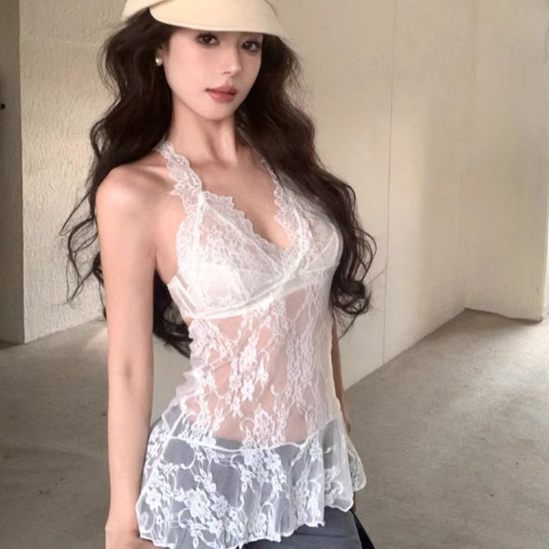 外貿原版白色純欲鏤空蕾絲掛脖背心吊帶女春夏內搭打底無袖上衣