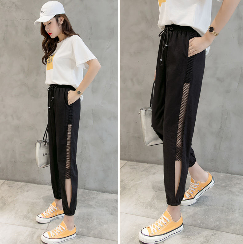 外貿夏季哈倫九分褲薄款網紗運動褲女百搭寬鬆大碼休閒運動褲子