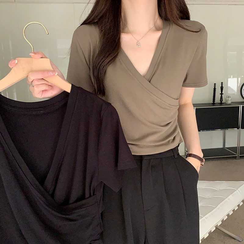 Original Korean Foreign Trade Korean Summer New Niche Design Cross V-neck Short-sleeved T-shirt