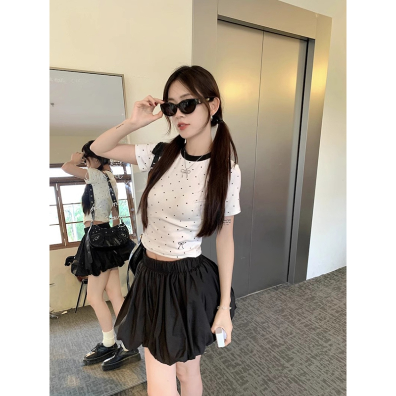 外貿原版莫代爾人棉羅紋 波點正肩短袖T恤女夏季甜辣短款上衣