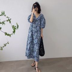 Summer new large-size women's French Platycodon high-end v-neck puff sleeve floral dress M-4XL200 jin