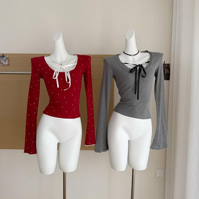 Korean casual and versatile long-sleeved polka dot T-shirt for women 2025 new slim fit inner base bow top