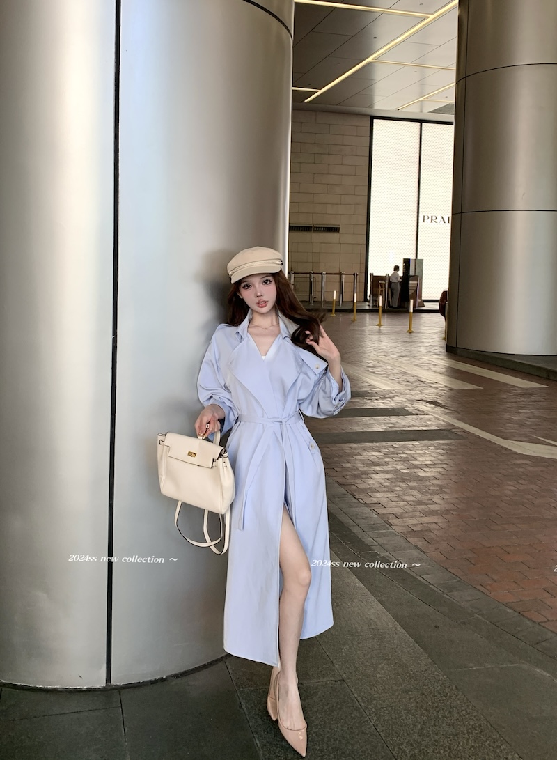 Real shot Korean version of slim mid-length high-end waist lapel long sleeve windbreaker jacket
