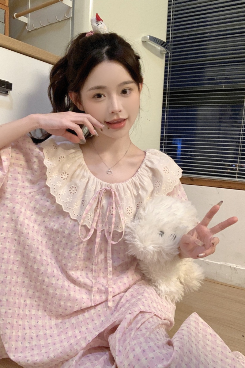 Real shot Korean version of sweet, fresh, loose, breathable cotton and linen summer short-sleeved walk outside home clothing suit