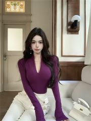 1*1 260克隨心裁 紫色v領長袖T恤秋冬內搭打底衫超顯身材上衣