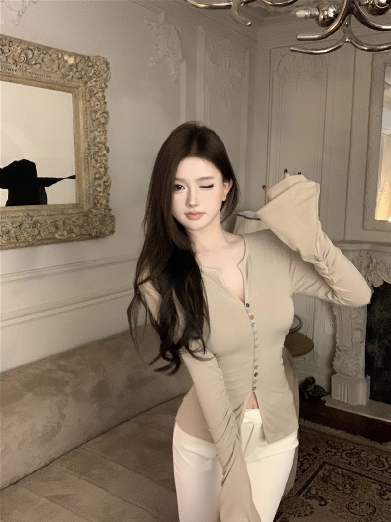 Real shot~Real shell buckle decoration Pure desire style base top for women new style T-shirt for women