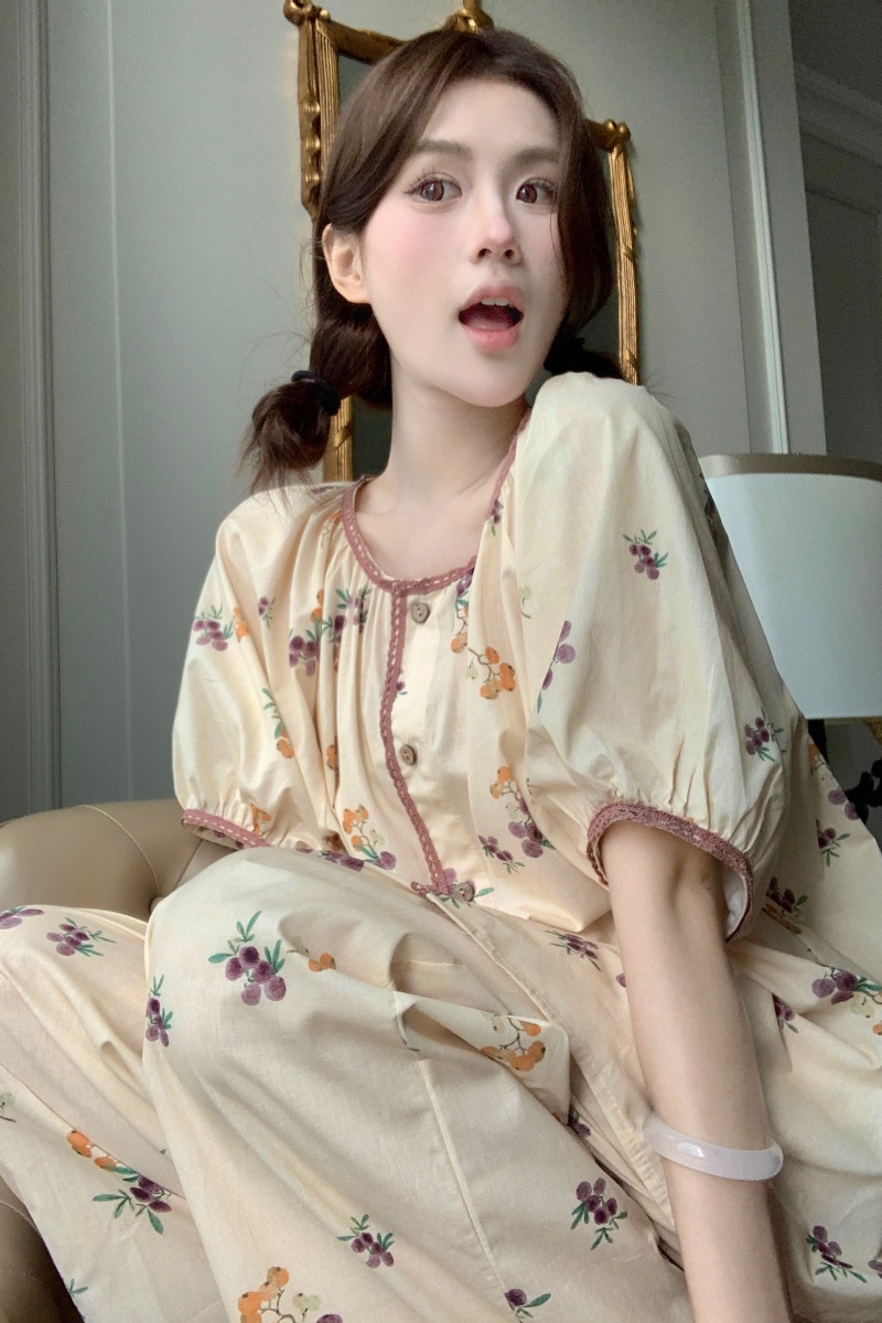 Real shot of Korean version of all cotton summer retro print simple sweet lace loose casual outdoor clothing set