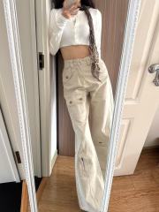 2025年春季新款牛仔工裝褲女個性多口袋寬鬆闊腿微喇叭褲拖地褲子