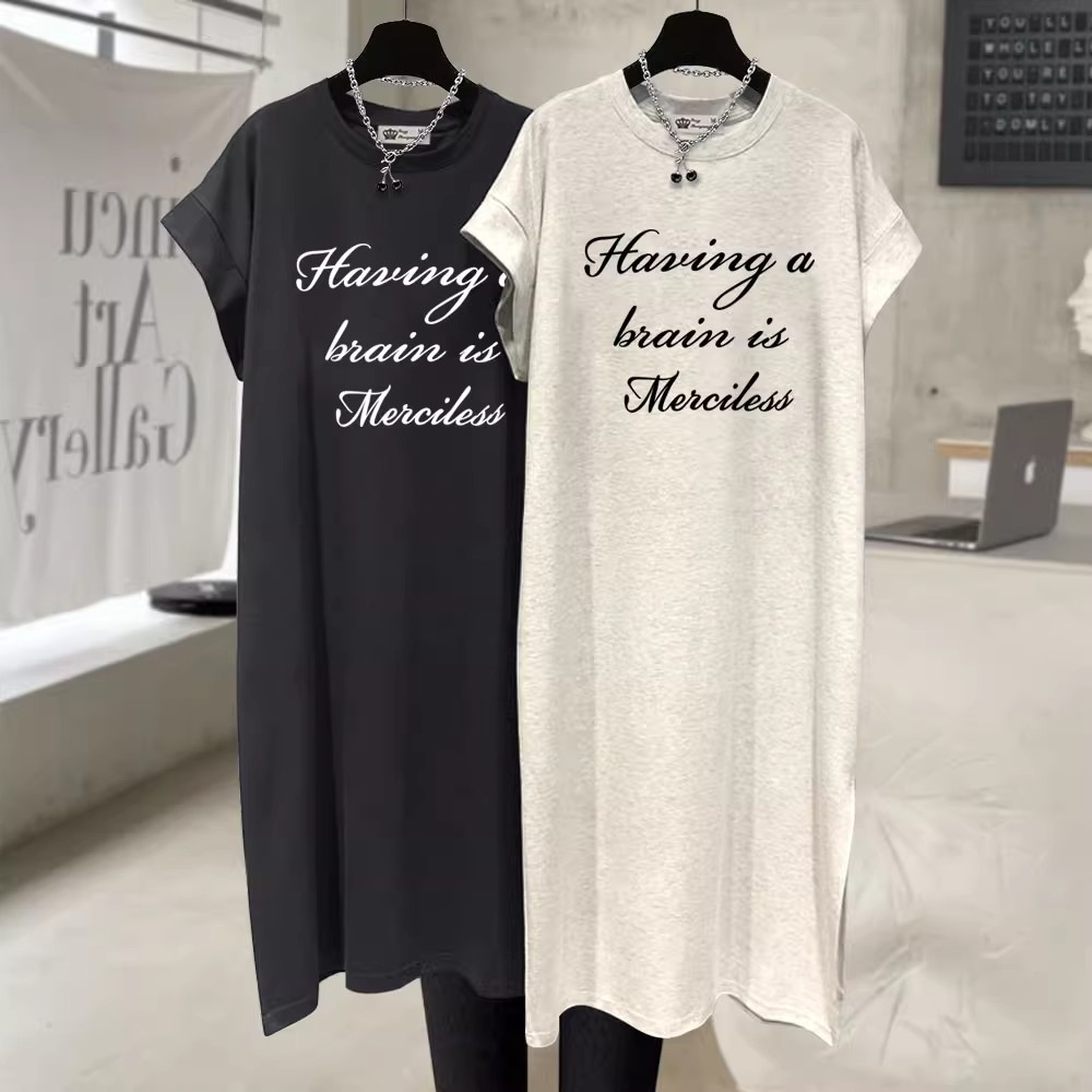 Korean foreign trade short-sleeved women's hip slit loose Korean version fat MM large size women's summer over-knee lazy T-shirt