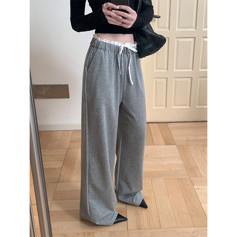 Real-life fake two-piece flower bud waist splicing trousers for women in spring and summer new wide-leg pants basic versatile floor pants