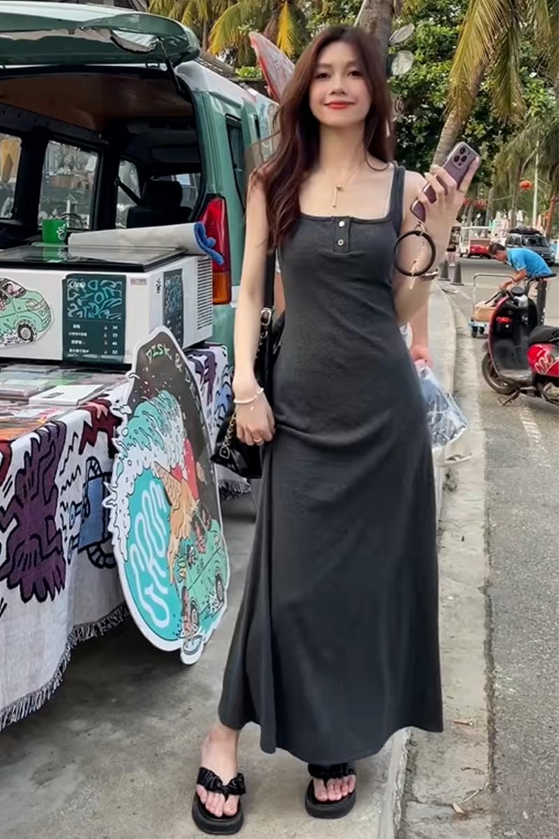 灰色吊帶裙辣妹長裙修身連衣裙女夏季氣質收腰顯瘦包臀裙背心裙子