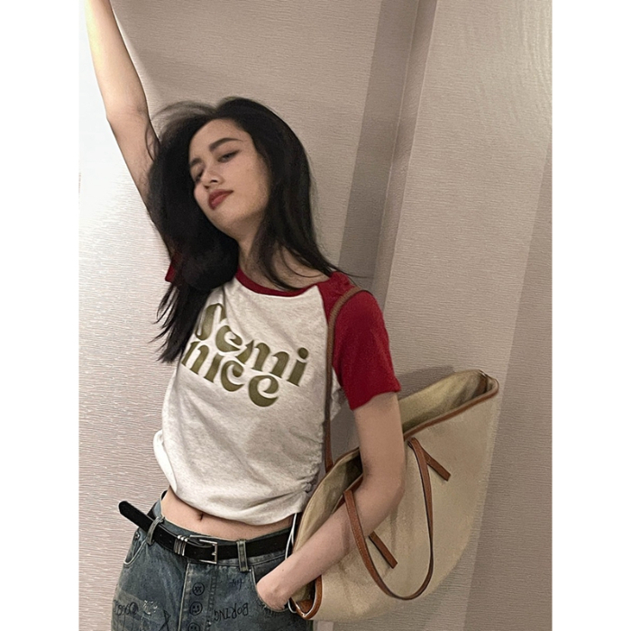 South Korea's foreign trade Korean summer new tie-up cotton American retro design strap letter printed short-sleeved top