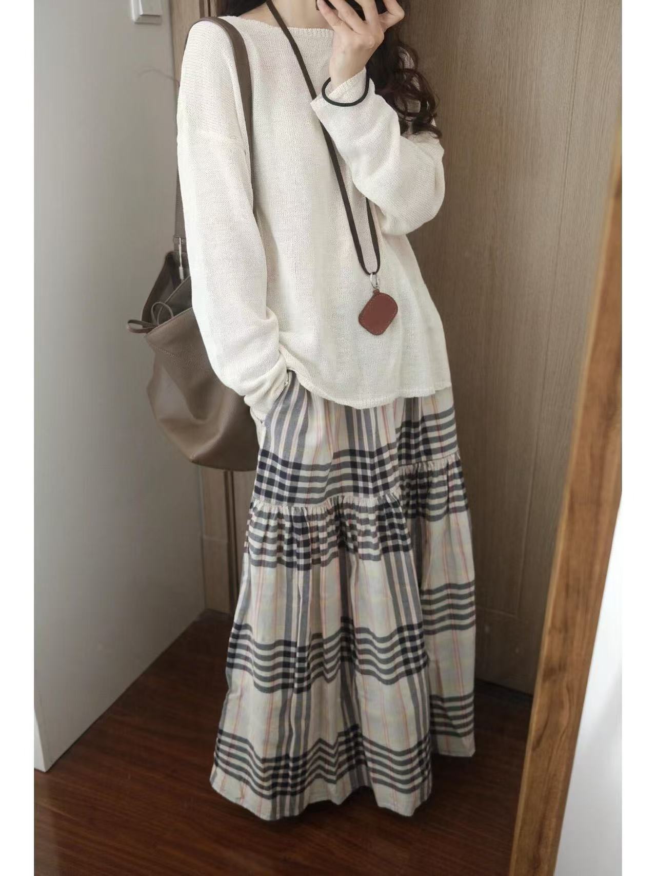 2025 Japanese retro Madras checked skirt with skirt draped feeling women's wide swaying long skirt
