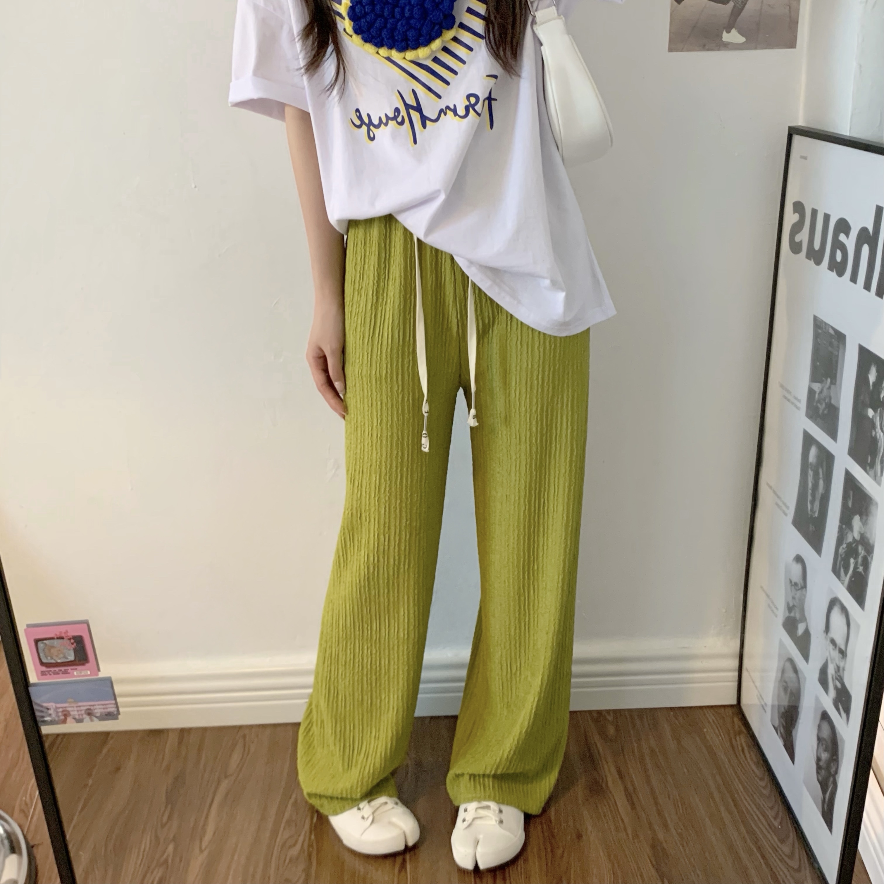Real photo Qianqianye letter drawstring wide-leg pants for women in spring and summer thin draping loose straight floor pants trousers