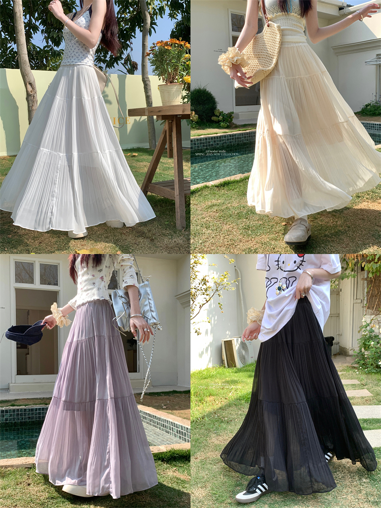 Real shot~ Rain mist wisteria pleated skirt for women with gentle style purple new loose big hem skirt A-line long skirt