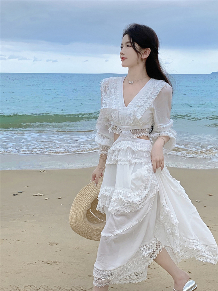 Real photo of beach vacation beach long skirt trick hollow long sleeve dress for women