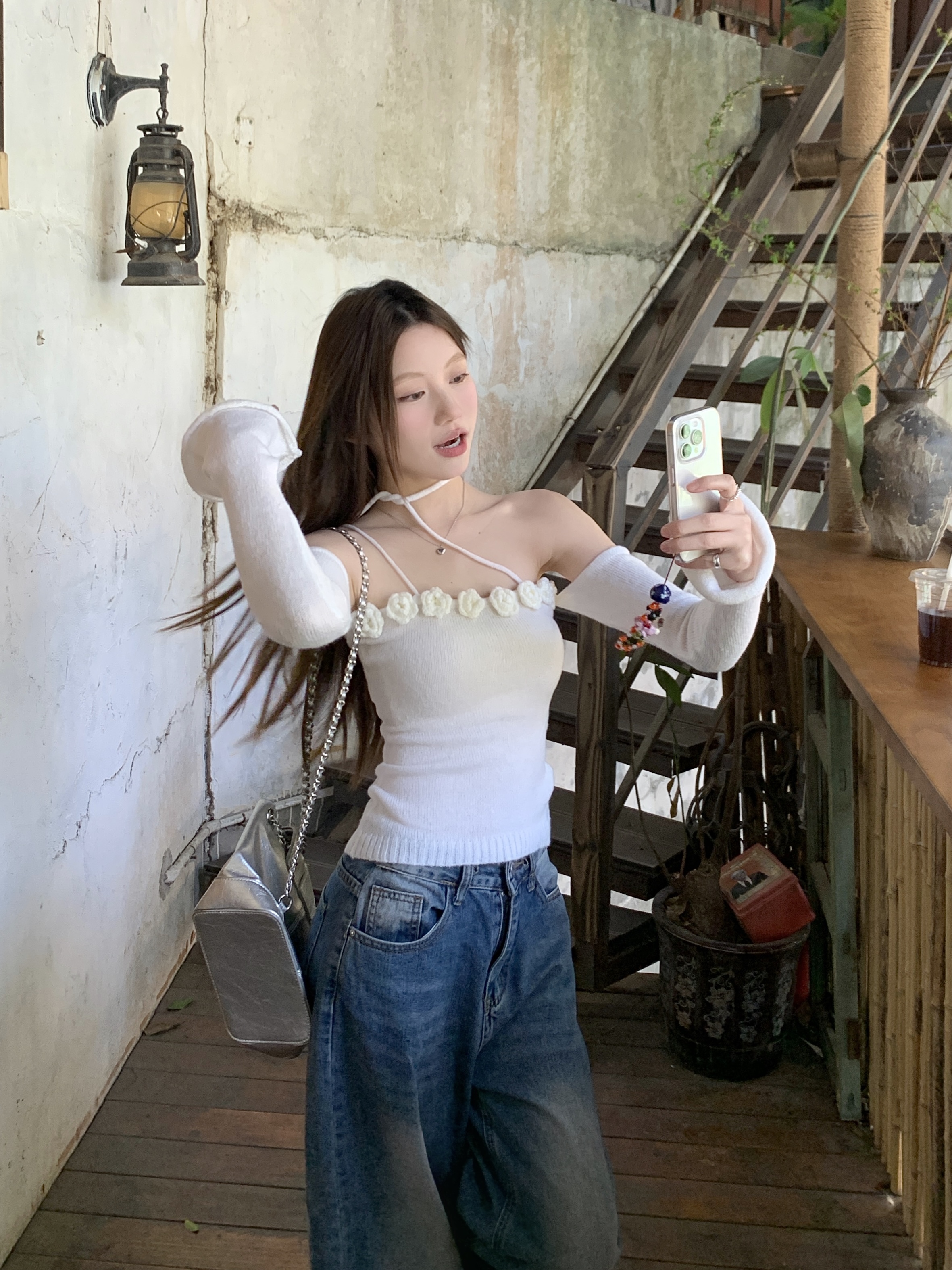 Real photo of heavy industry flower one-shoulder sweater off-shoulder top women's sweater lazy spring outfit
