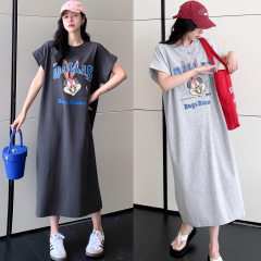 Korean foreign trade short-sleeved T-shirt skirt for women in summer new lazy style large-size slit over the knee mid-length loose dress