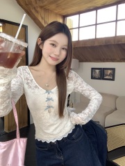 Real shot Korean version of slim and slim sweet and spicy long-sleeved bow-lace base shirt two-piece set
