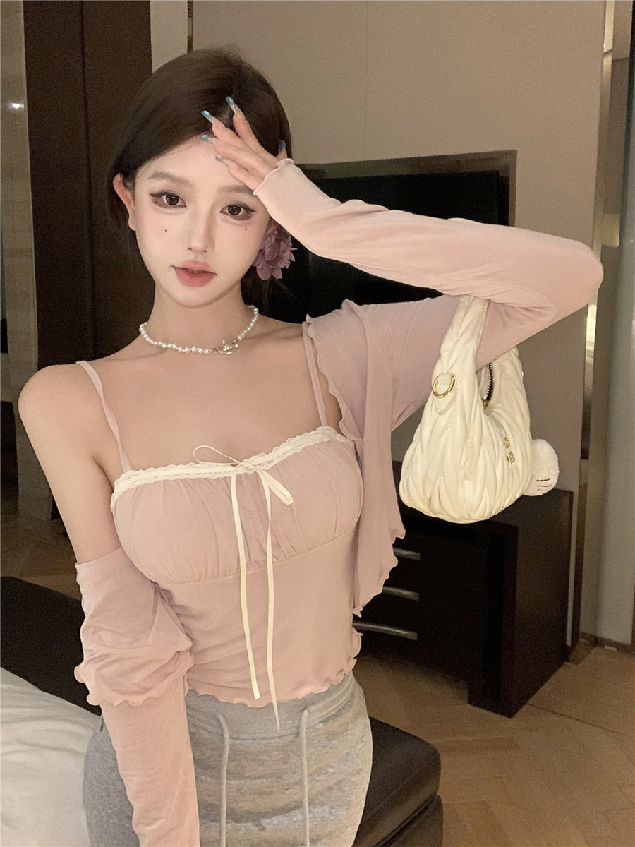 Real shot of sexy breast pad pure bow sling vest + two-piece cardigan set for women