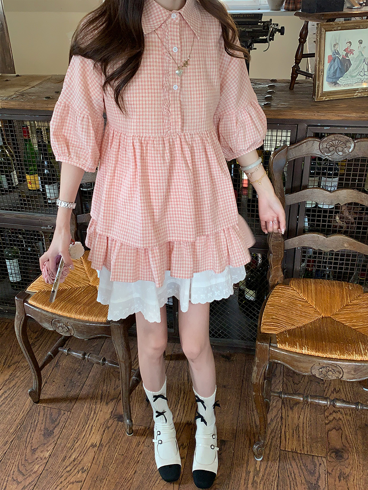 Real shot of polo collar double-layer cake loose-fitting shirt top Japanese layered