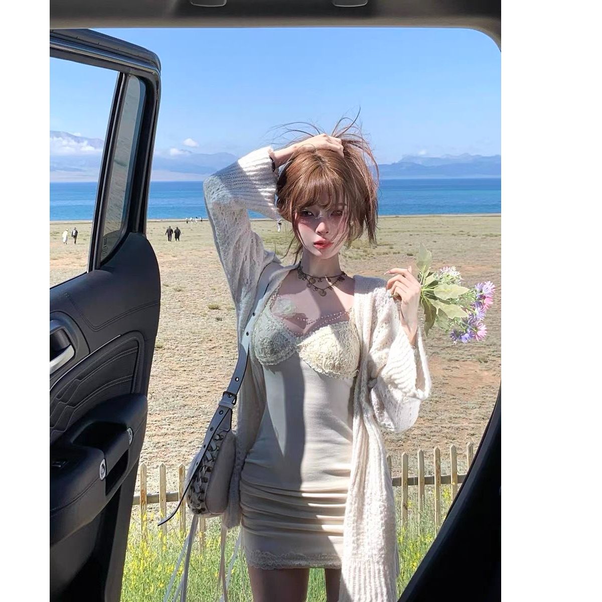 套裝女2025秋季新款純欲風寬鬆毛衣外套內搭蕾絲拼接吊帶連衣裙