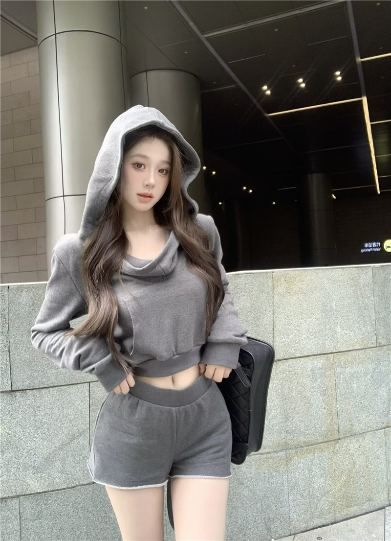 Real photo set for women's spring hooded neck sweatshirt gray short two-piece set