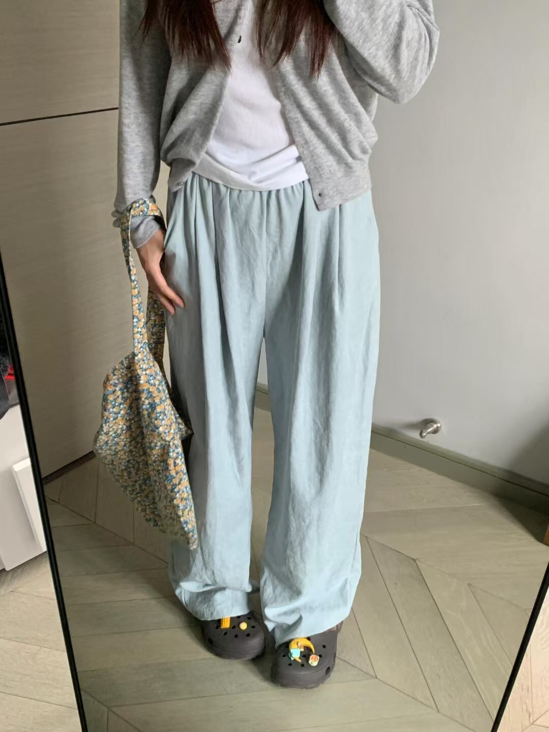 立體腰頭 藍色奶芙冰絲山本褲女2025春夏新款高腰垂感休閒闊腿褲