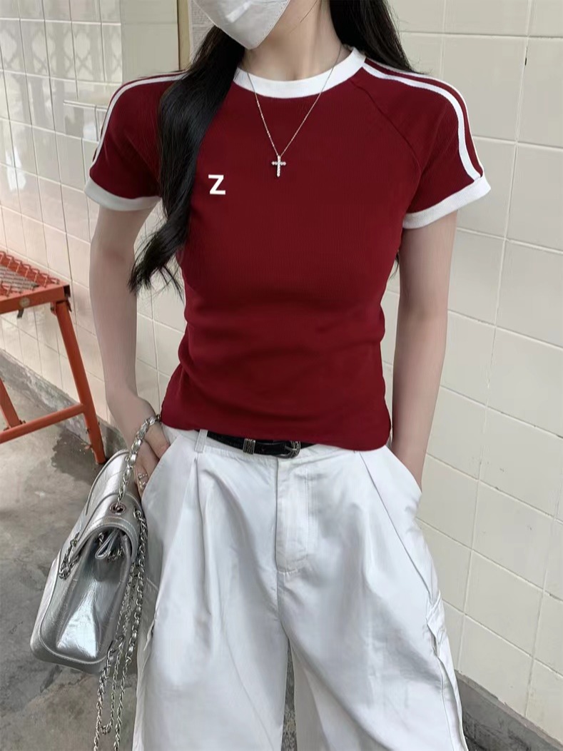 外貿原版夏季新款韓版女裝美式正肩t恤短袖夏季修身顯瘦上衣