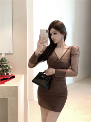 Real shot of retro sexy pure V-neck waist slim chocolate slim hip-pack skirt dress for women