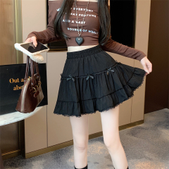 Real shot ~ Sweet ballet style bow skirt high waist cake A-line lace lace puffy skirt