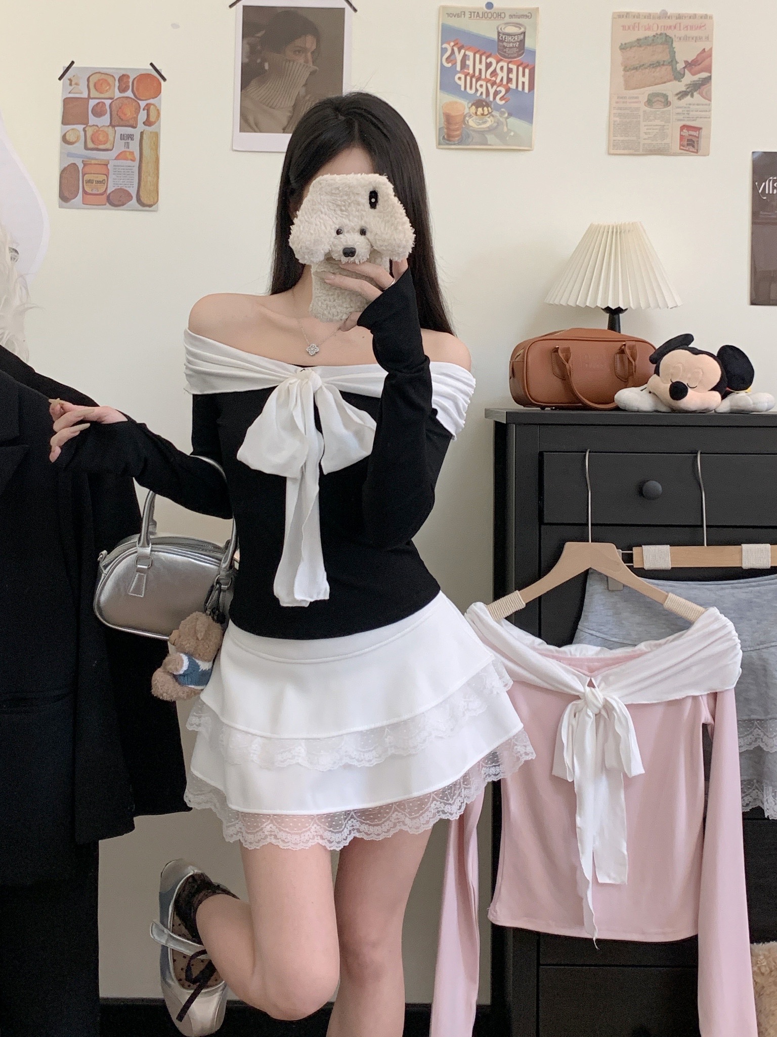 Real-price real-life Korean bow tie-length neck off-shoulder long-sleeved T-shirt ballet style sweet top set