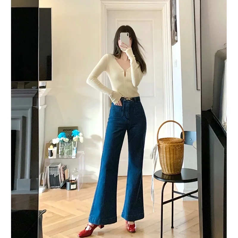 彈力緊身顯瘦百搭復古藍微喇牛仔褲女2025年春秋季新款做舊喇叭褲
