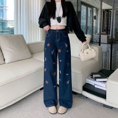 Real shot~ Dark blue American cartoon embroidered jeans for women in spring new hot girl loose straight pants