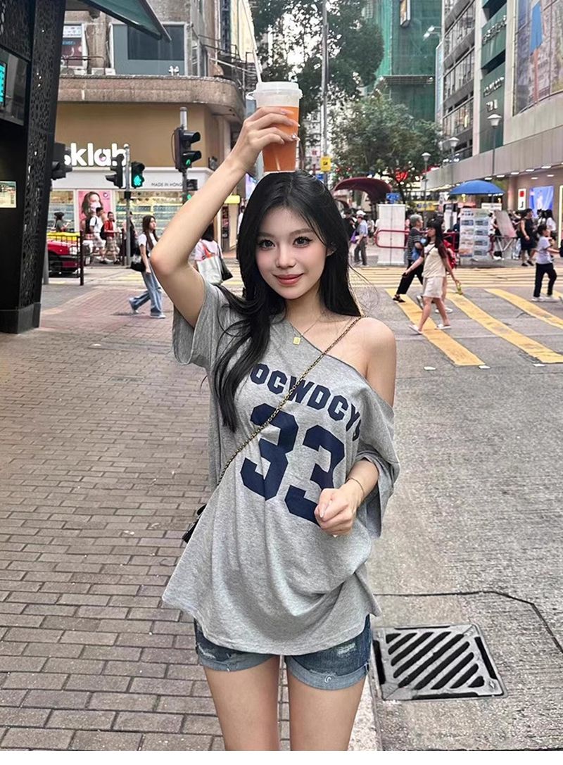 外貿原版彩棉拉架美式辣妹斜肩短袖t恤設計感小眾一字露肩上衣