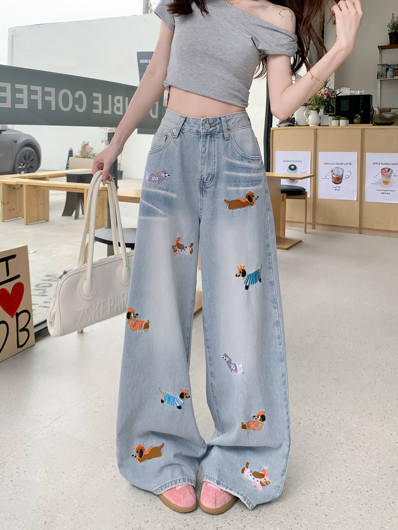 Real shot #New style of denim trousers for women cartoon embroidery design loose wide-leg straight-leg pants