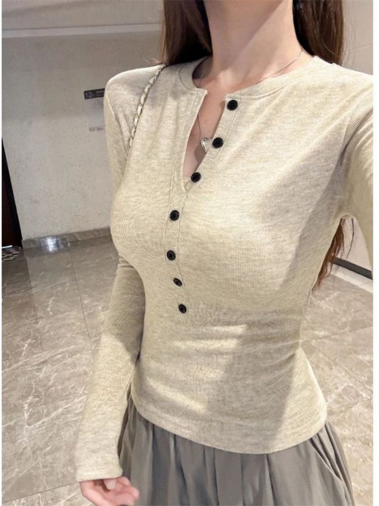 辣妹亨利領正肩長袖t恤女秋冬內搭打底衫修身收腰上衣