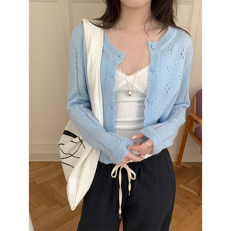 Real photo of Korean hollow design round neck sweater cardigan women's sweet loose versatile small short knitted top