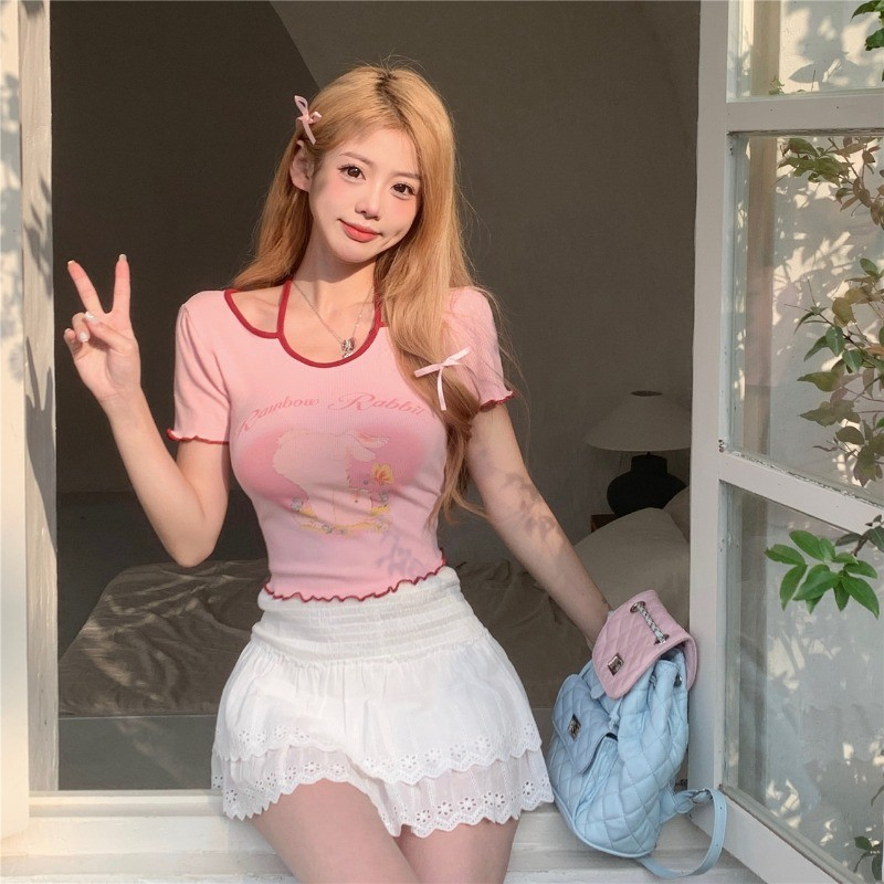 韓國外貿韓版拉架棉 甜辣純欲風印花木耳邊短袖T恤女辣妹設計感