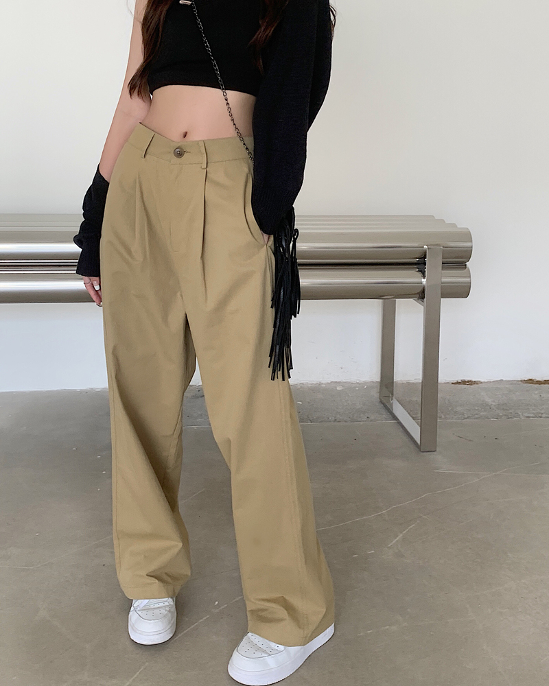 Real shot of 2025 spring high-waisted straight-leg trousers Korean loose casual and versatile wide-leg work trousers