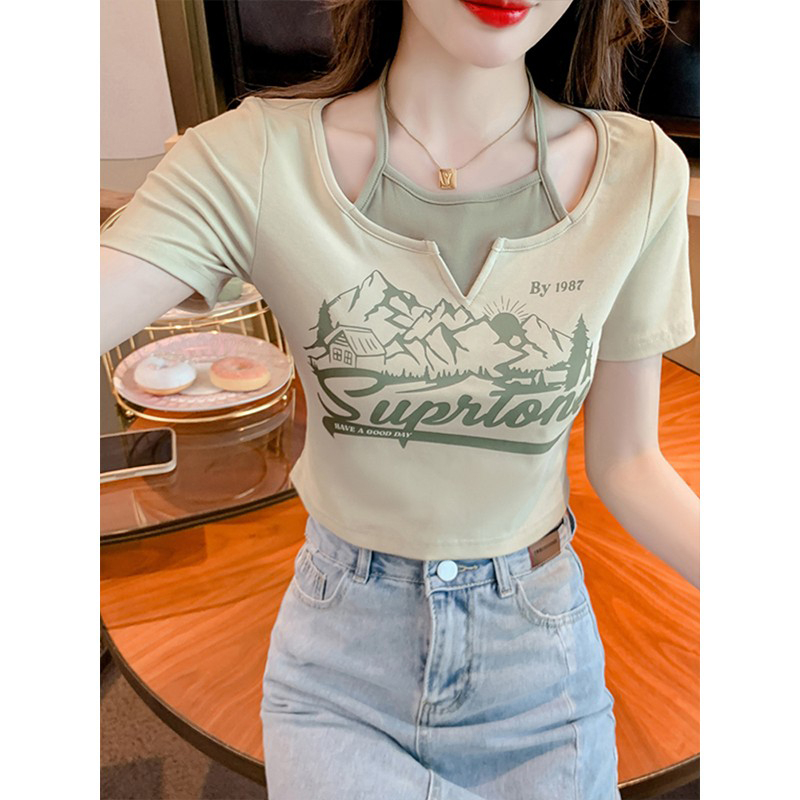 Korean foreign trade Korean version of cotton pull-up cotton is sweet and spicy neck-style fake two-piece short-sleeved T-shirt for women's design niche