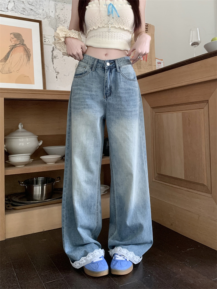 Real-life American retro lace splicing design wide-leg jeans for women with high waist slim straight-leg floor trousers