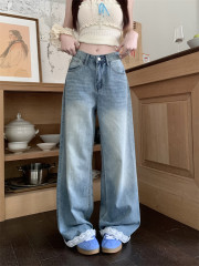 Real-life American retro lace splicing design wide-leg jeans for women with high waist slim straight-leg floor trousers
