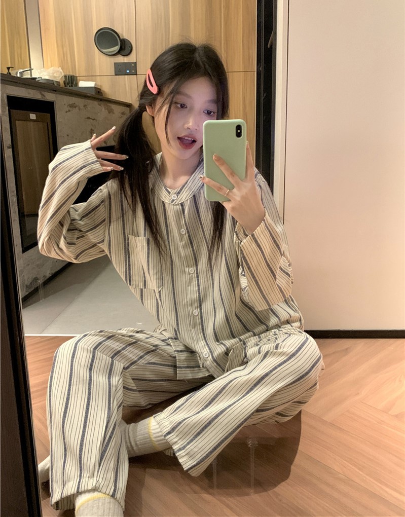 Real shot of Korean version of spring cotton and linen casual loose comfortable simple Chinese style long sleeve trousers home clothing set