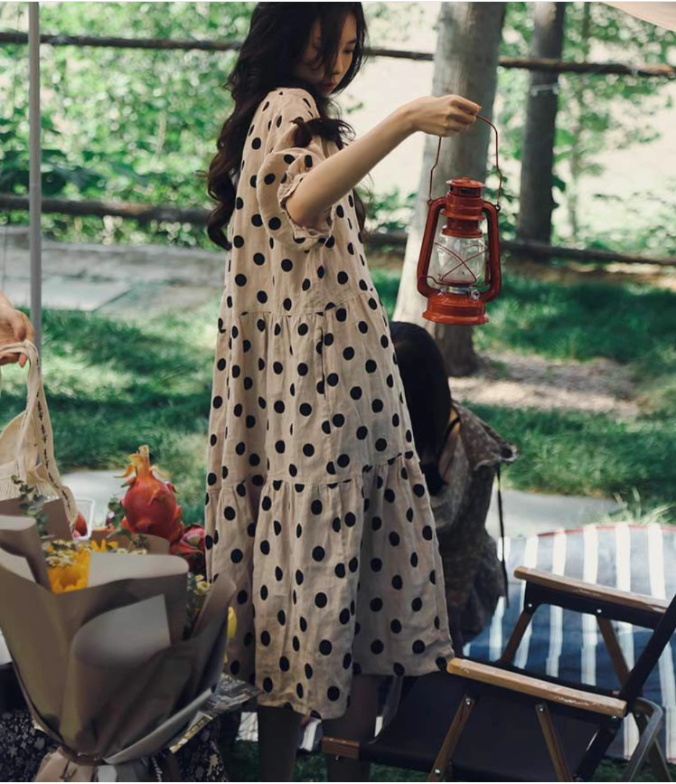 2025 spring large size cotton and linen elegant French loose five-point sleeve polka dot dress A-line skirt M-4XL 200 catties
