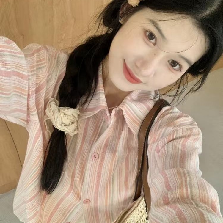 粉色條紋polo領長袖襯衫女裝夏季薄款寬鬆防曬襯衣中長款上衣