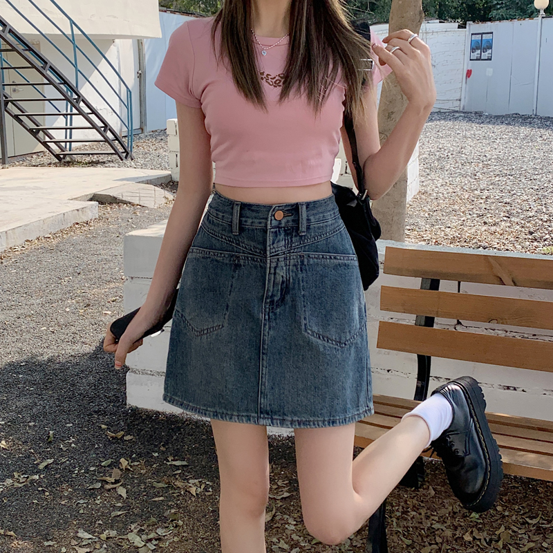 Real shot of 2025 spring Korean denim short skirt for women A-line high-waist design slim skirt