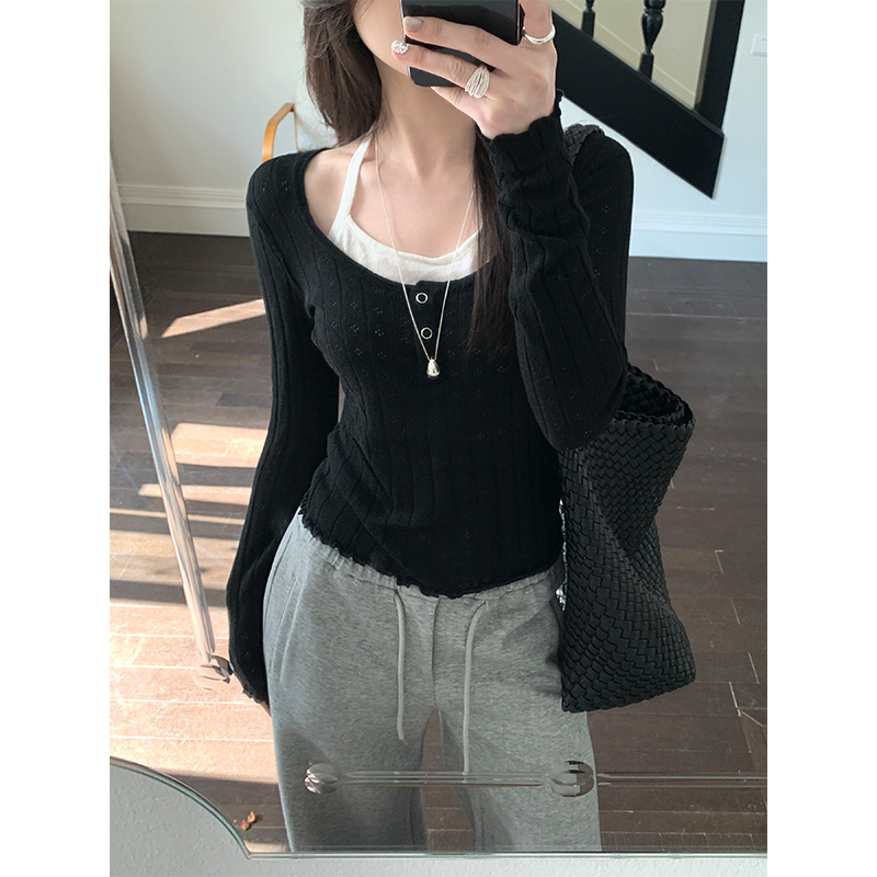 Real-life spring thin long-sleeved sweater for women 2025 Korean versatile outerwear front shoulder pullover top
