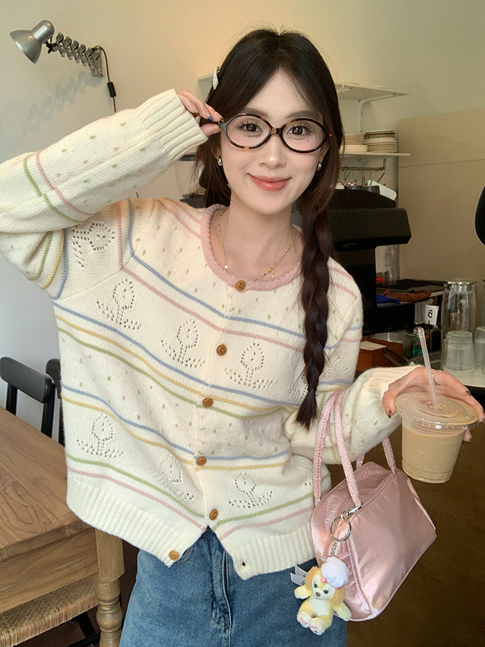 Real shot~ Spring new Korean version loose lazy style rainbow striped hollow knitted sweater cardigan jacket