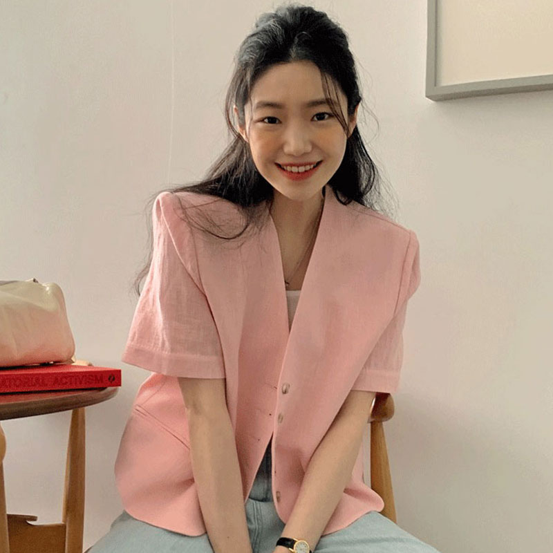 New summer large-size women's Korean version chic versatile slim V-neck single-breasted suit top M-4XL 200 catties